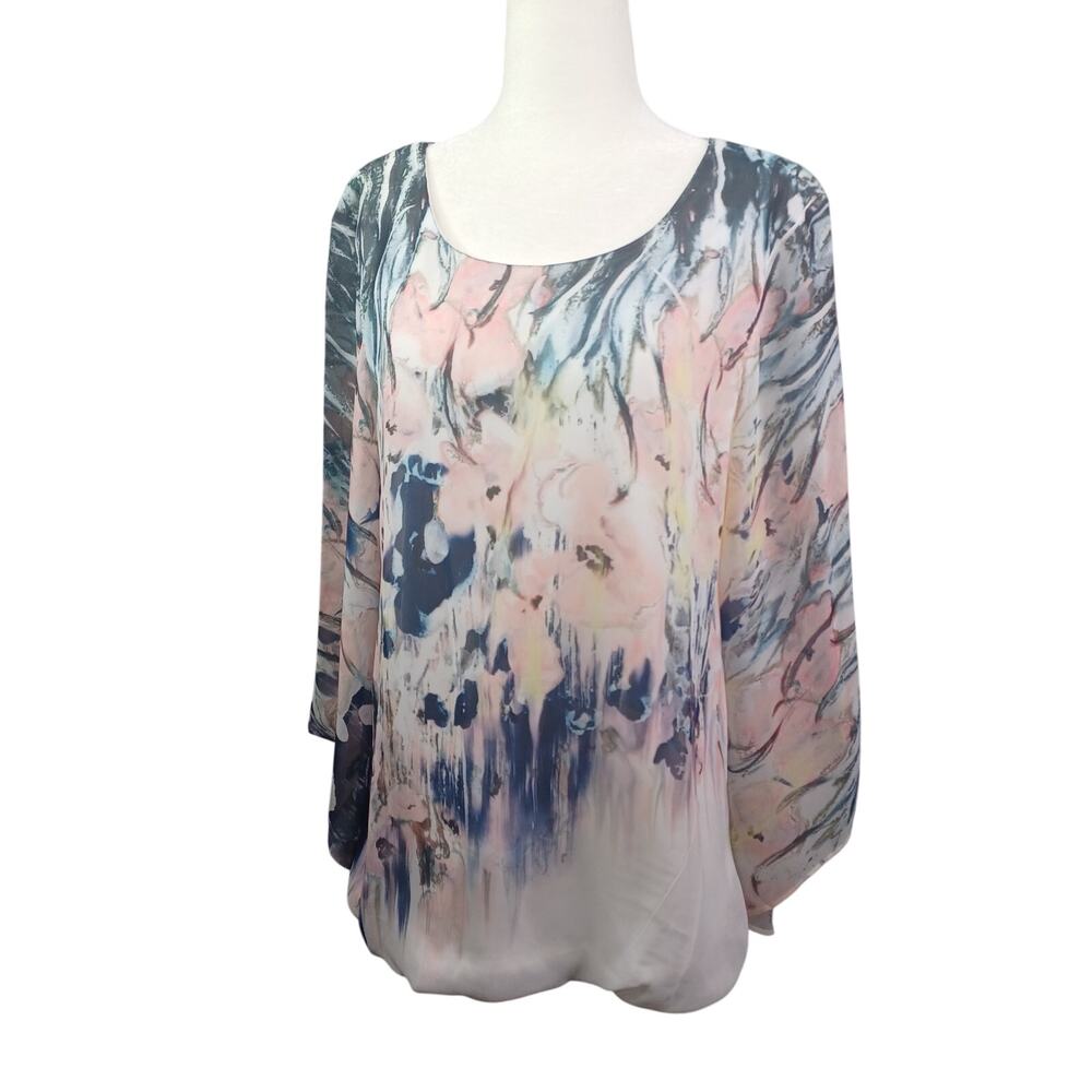 I.N. Studio Women Floral Flowy Top Large Pink Sheer Flare Sleeve Fairy Coquette